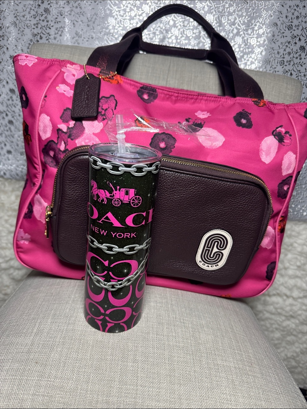 Coach Pink Floral Tote with Brown Front Pocket and Matching Logo Tumbler